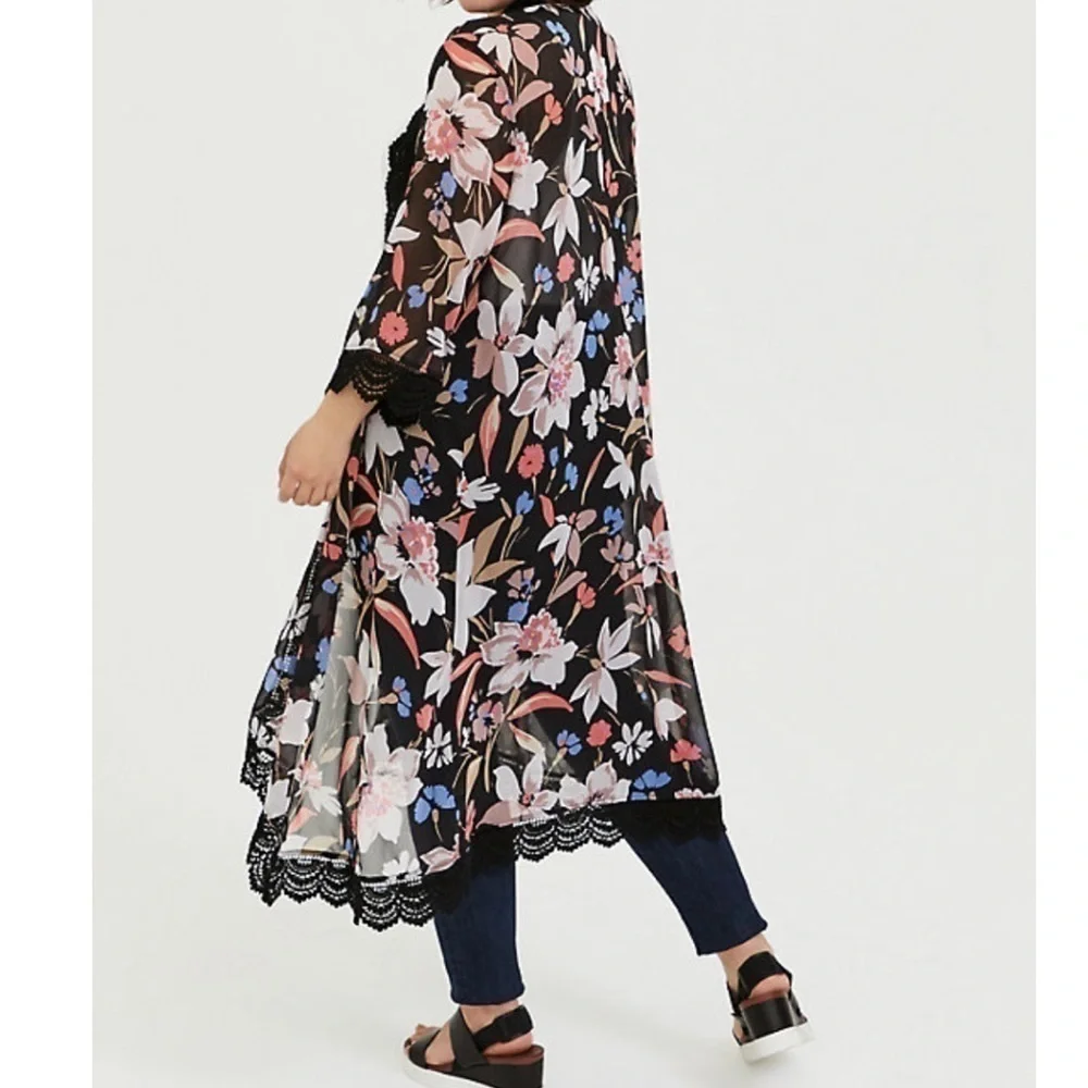 Torrid floral chiffon crochet kimono duster 3/4 - Picture 4 of 10